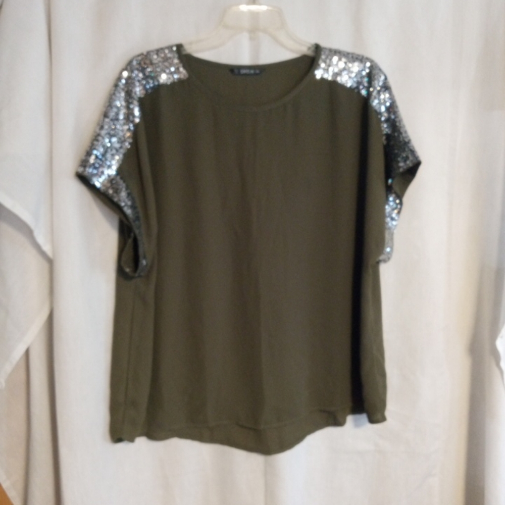 Green & Silver Shoulder Blouse 1XL Disco Sparkle Sheer Stylish Work Shein Fall